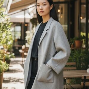 Eileen Fisher Gray/Cream Reversible Wool Blend Coat Double Faced Large